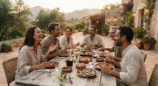 Grupo diverso de personas compartiendo una comida al aire libre en Mallorca al atardecer