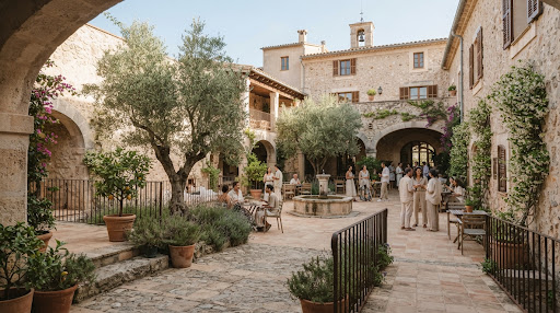 Mediterranean courtyard with stone walls and olive trees where people socialise