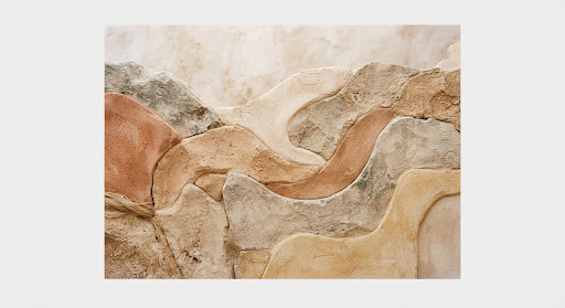 Abstract Mediterranean scene with organic shapes in terracotta, cream and warm stone