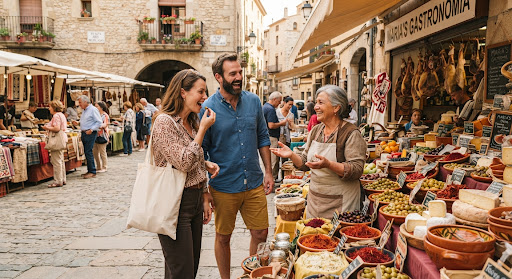 Grupo explorando un mercado histórico local en un pueblo soleado